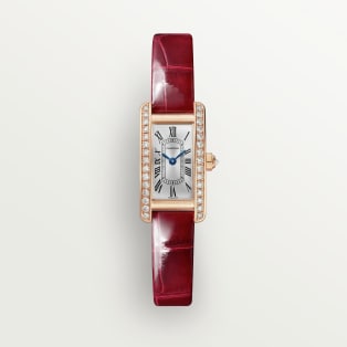 Tank Américaine watch Mini model, quartz movement, rose gold, diamonds, leather