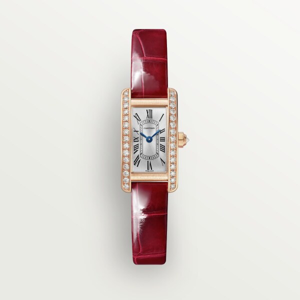 Tank Américaine watch Mini model, quartz movement, rose gold, diamonds, leather