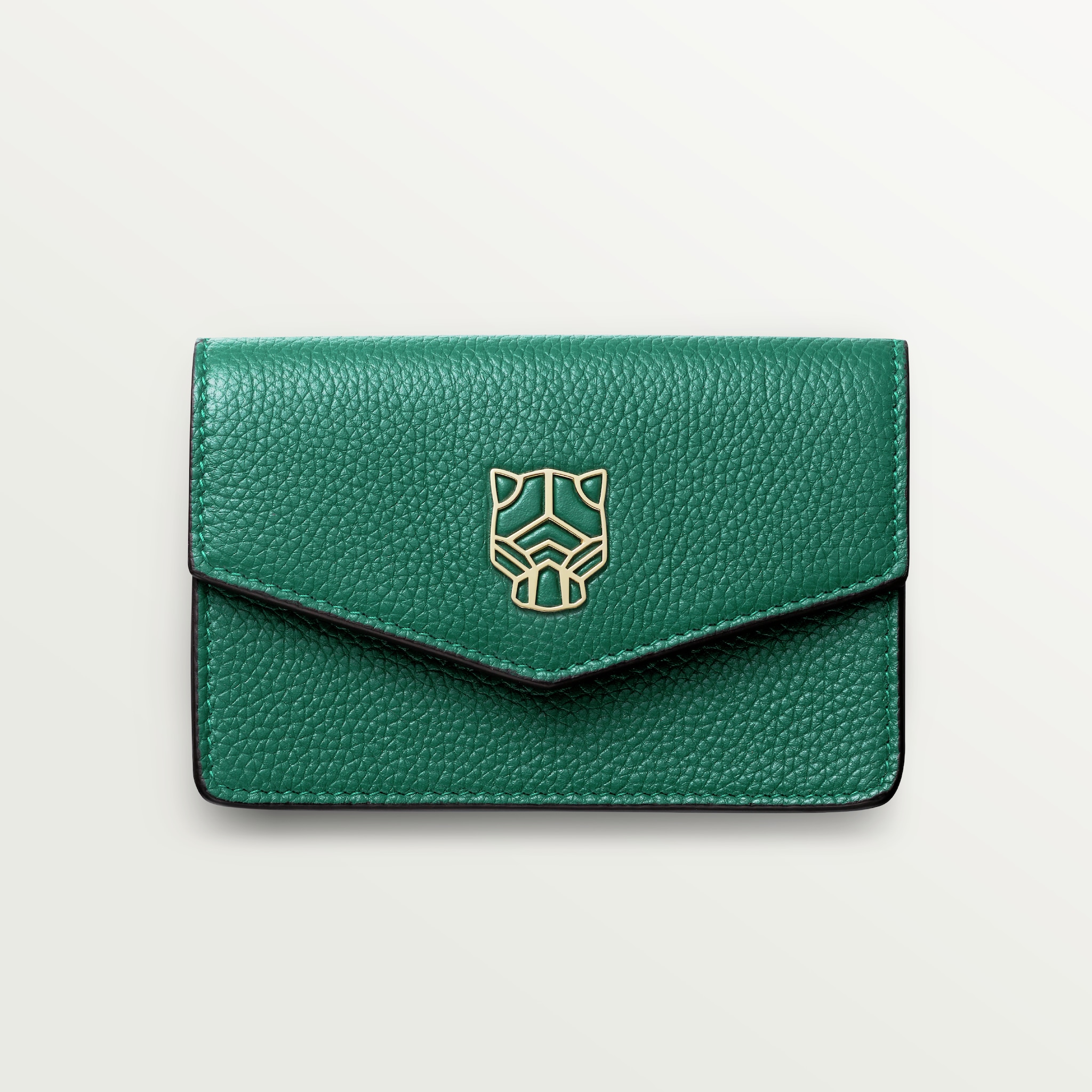 Business card holder with zip, Panthère de CartierBright green calfskin, golden finish