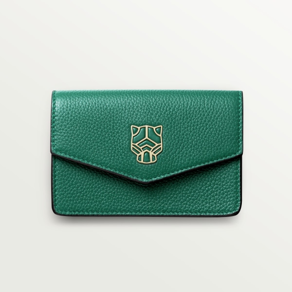 Business card holder with zip, Panthère de Cartier Bright green calfskin, golden finish