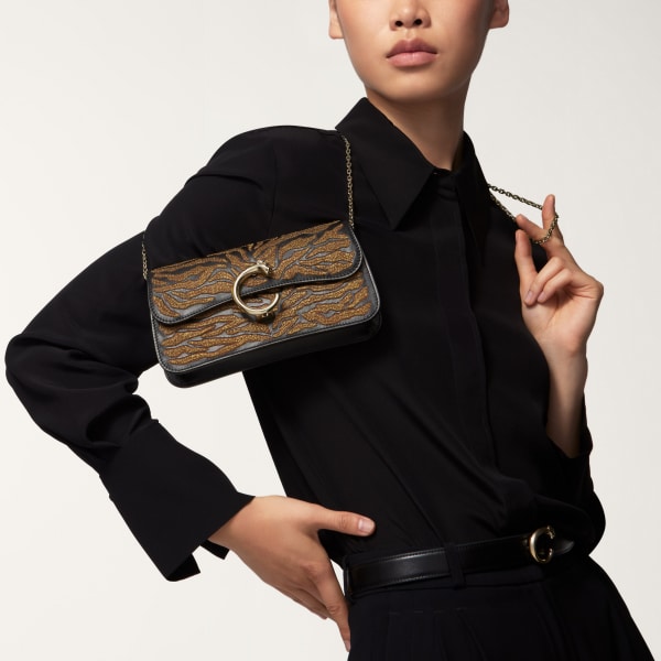Mini bag, Panthère C Black calfskin and golden thread embroidery with tiger motif