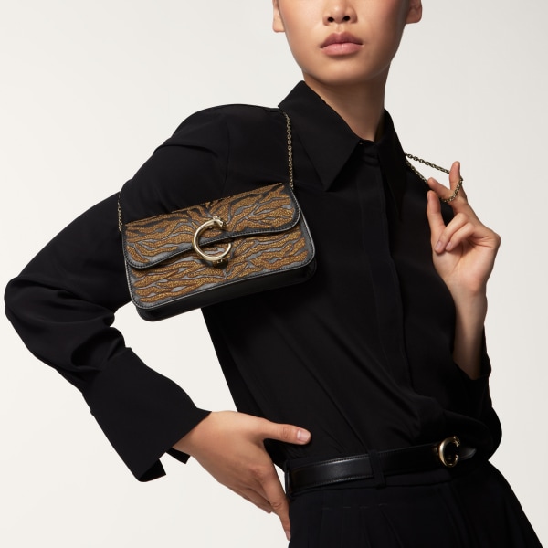 Mini model chain bag, Panthère C de Cartier Black calfskin and golden thread embroidery with tiger motif