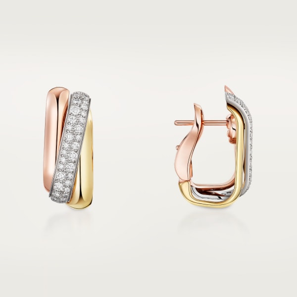 Trinity cushion earrings, semi-paved White gold, yellow gold, rose gold, diamonds