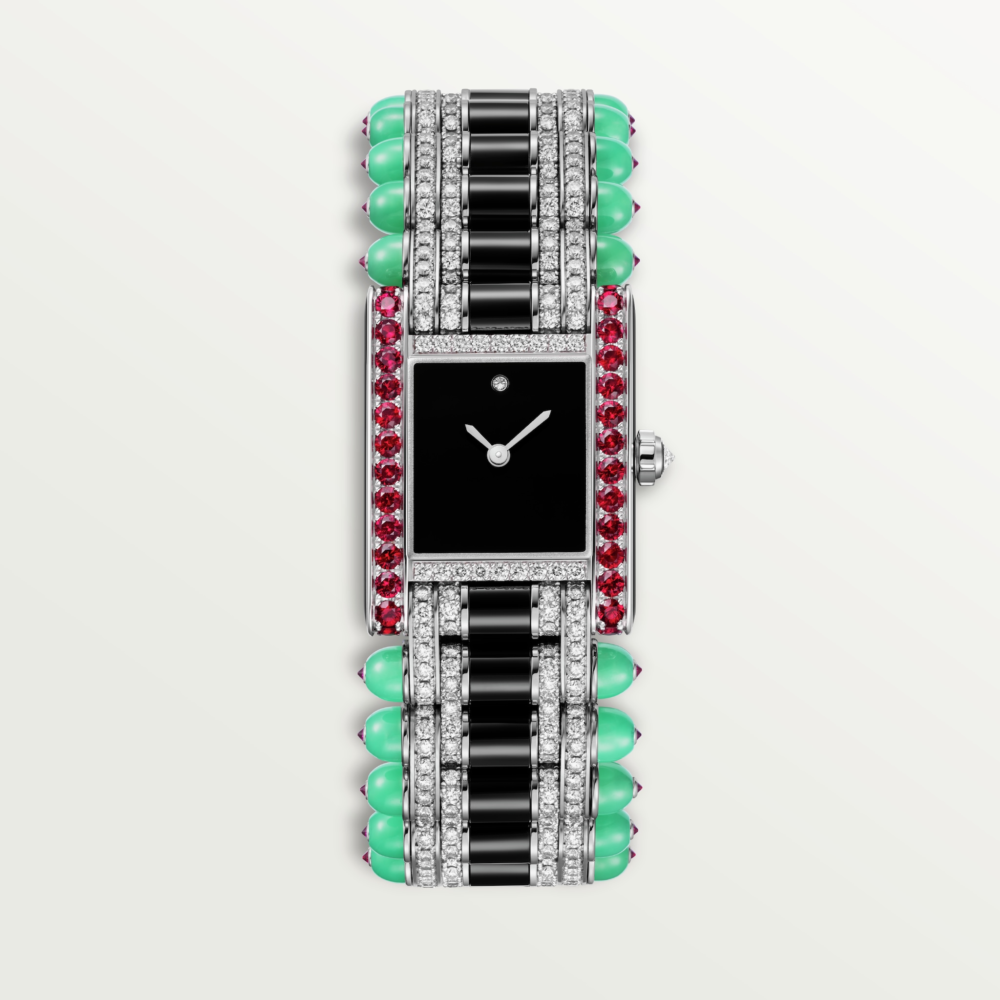 Tank jewellery watchLarge model, quartz movement, white gold, diamonds, rubies, chrysoprase, onyx