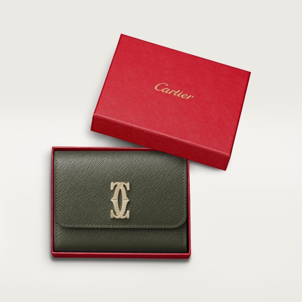 Wallet, C de Cartier Green tea calfskin, golden-finish with gadroon motif