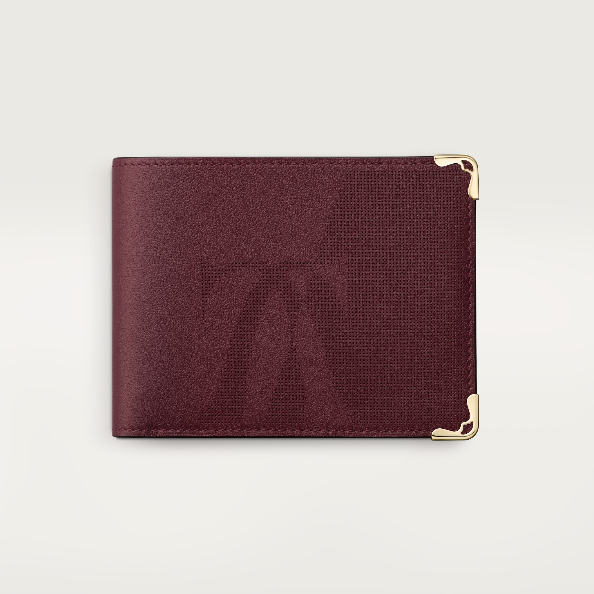 6 credit card compact wallet, Must de CartierXL logo perforated burgundy calfskin, golden finish