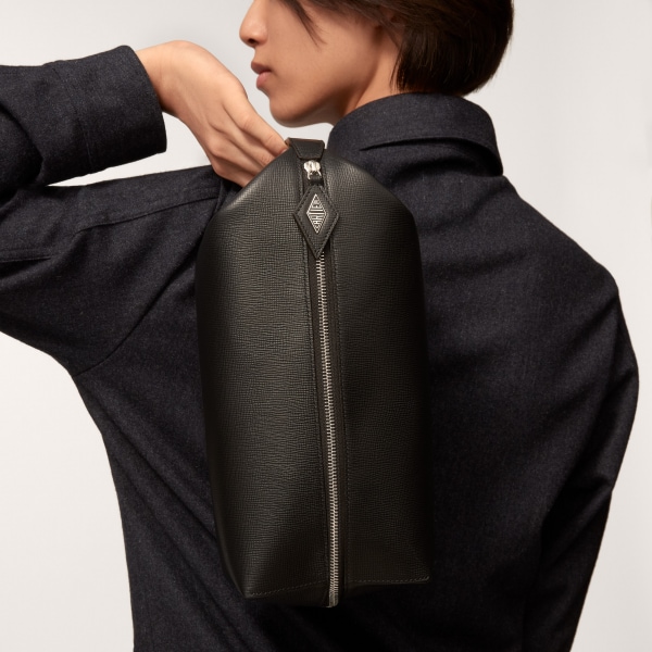 Toiletry bag, Cartier Losange Grained black calfskin, palladium finish and enamel