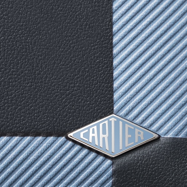 4 credit card holder, Cartier Losange Slate grey and sky blue debossed calfskin with gadroon motif, sky blue enamel and palladium finish