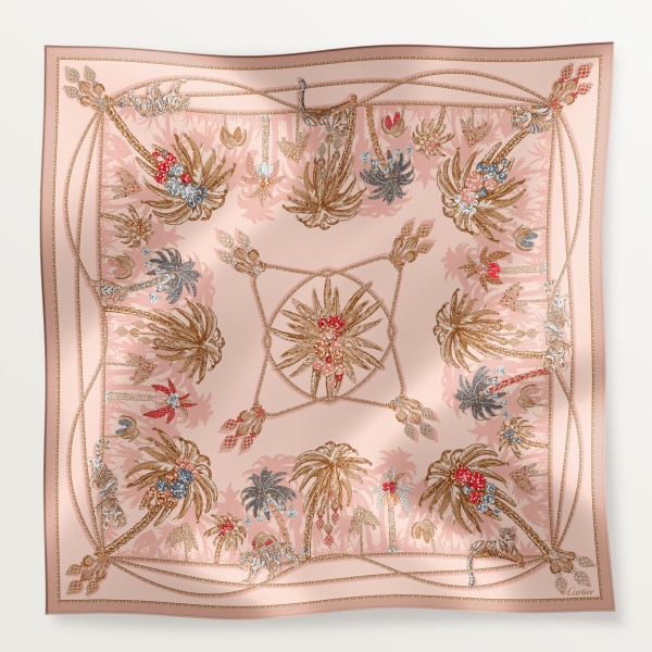 90 scarf, Jewellery Palm Trees Light pink silk twill