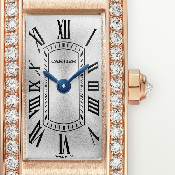 Tank Américaine watch Mini model, quartz movement, rose gold, diamonds