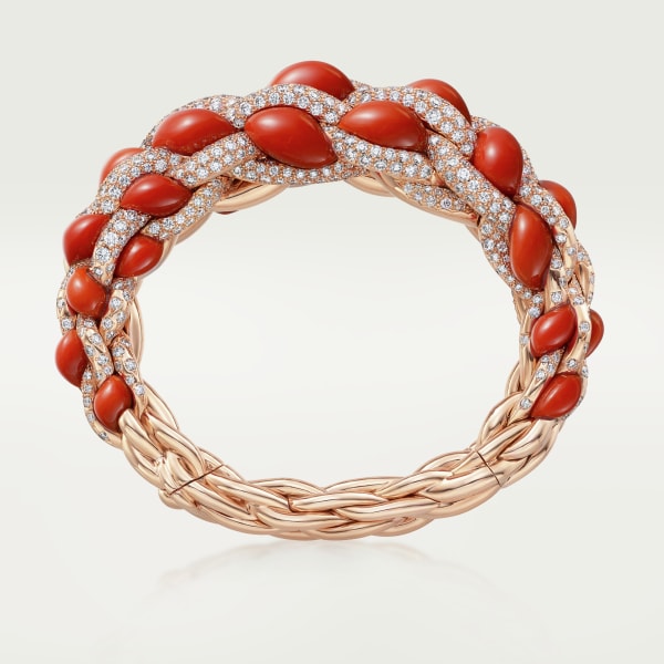 Cartier Libre Tressage手镯，珊瑚 玫瑰金，珊瑚，钻石