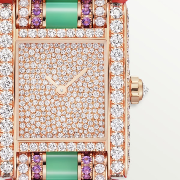 Tank jewellery watch Large model, quartz movement, rose gold, diamonds, amethysts, chrysoprase, coral