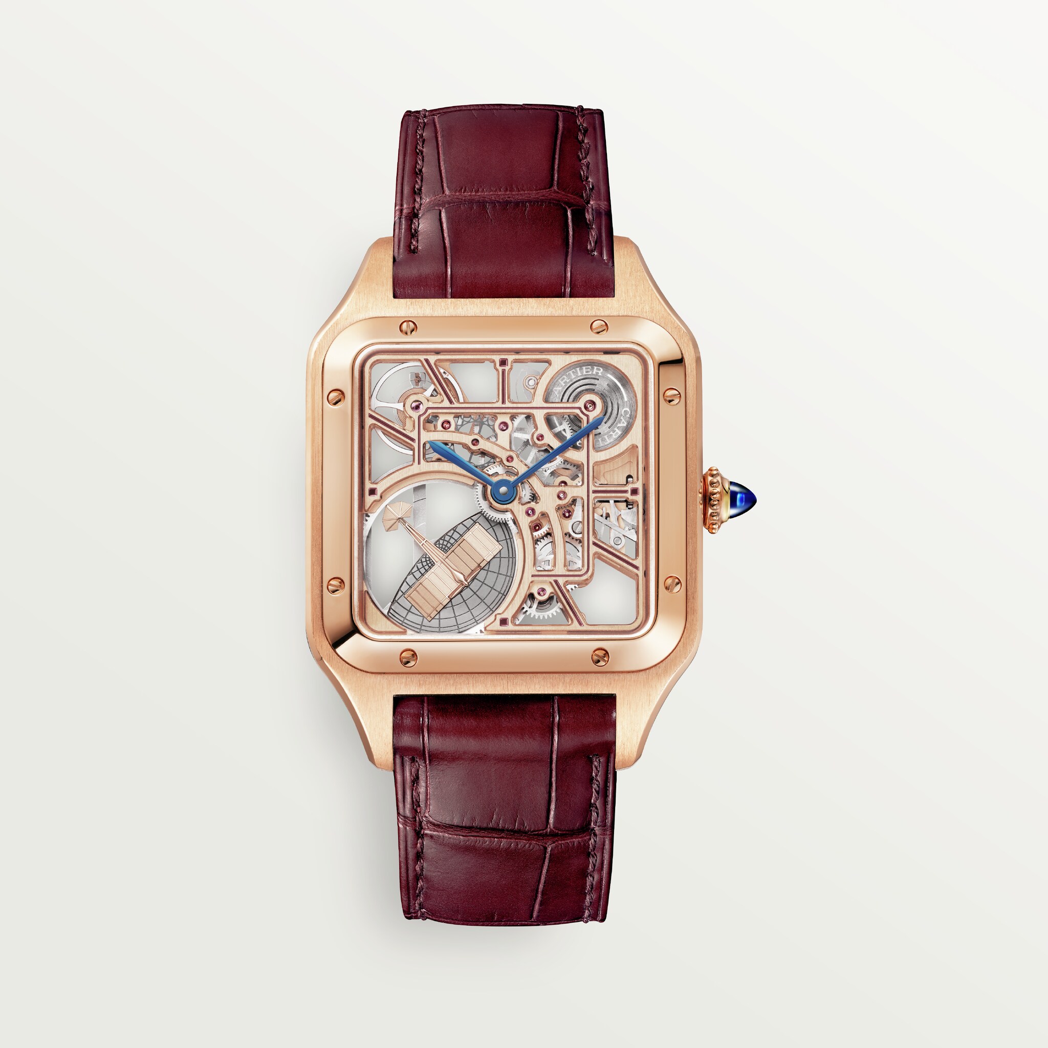 Santos-Dumont skeleton watchLarge model, automatic mechanical skeleton movement, rose gold, leather