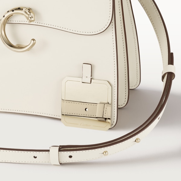 Small model handle bag, Panthère C de Cartier Salt white calfskin, golden finish