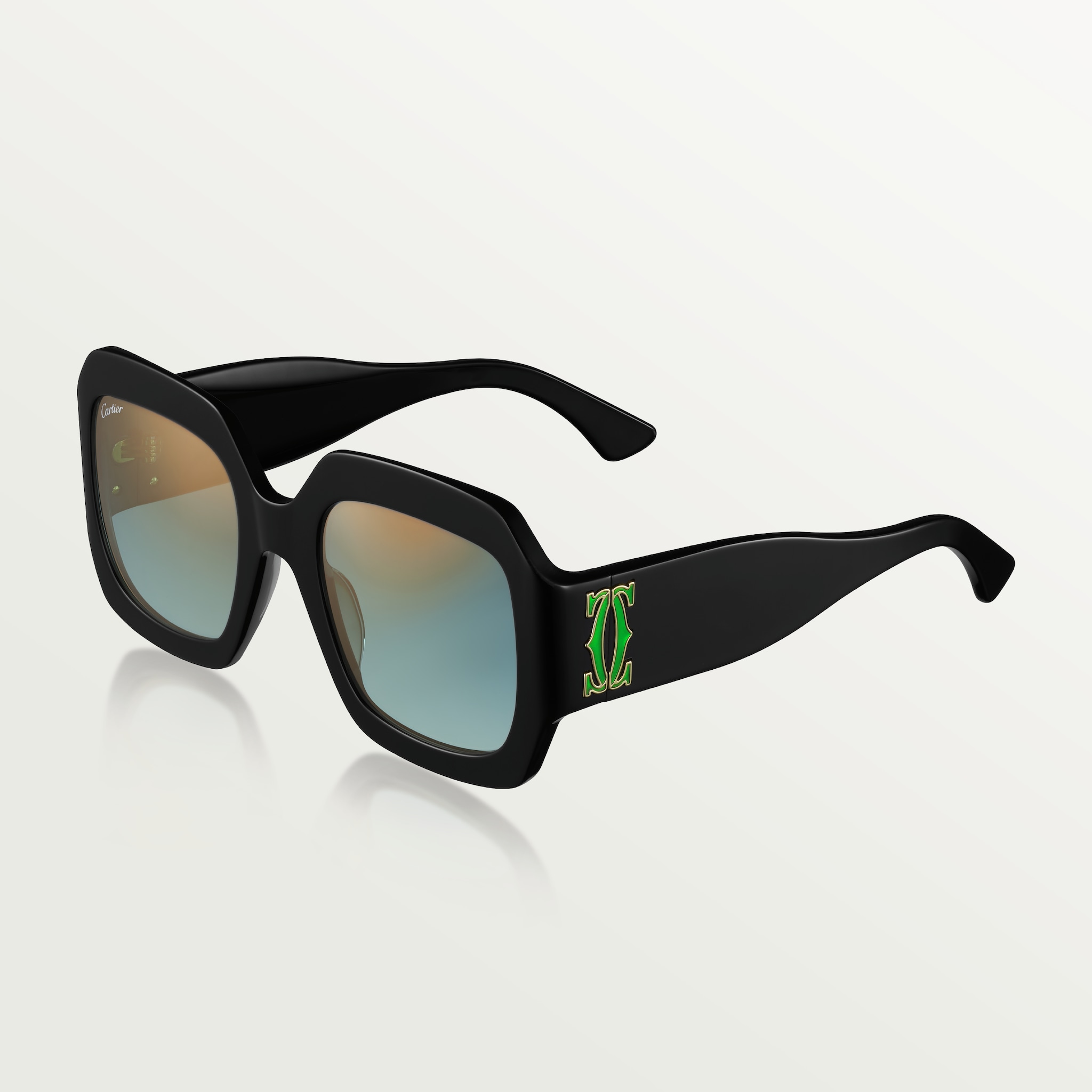 C字装饰太阳眼镜黑色醋酸纤维，渐变绿色镜片