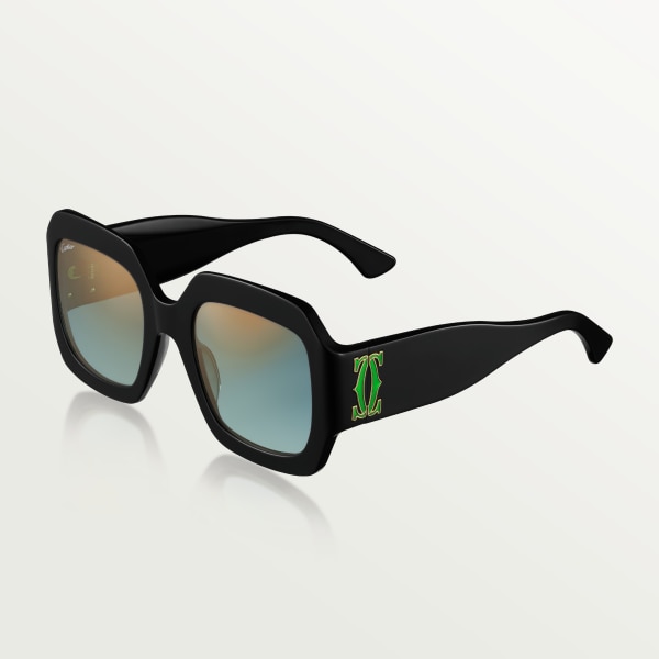 C字装饰太阳眼镜 黑色醋酸纤维，渐变绿色镜片