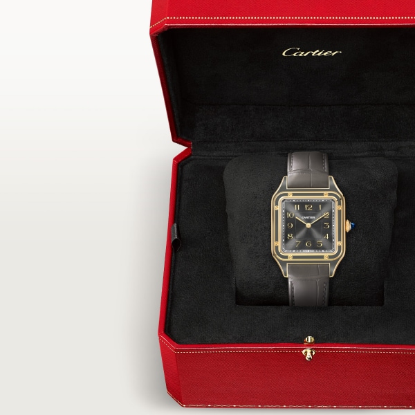 Santos-Dumont watch Large model, manual movement, yellow gold, leather