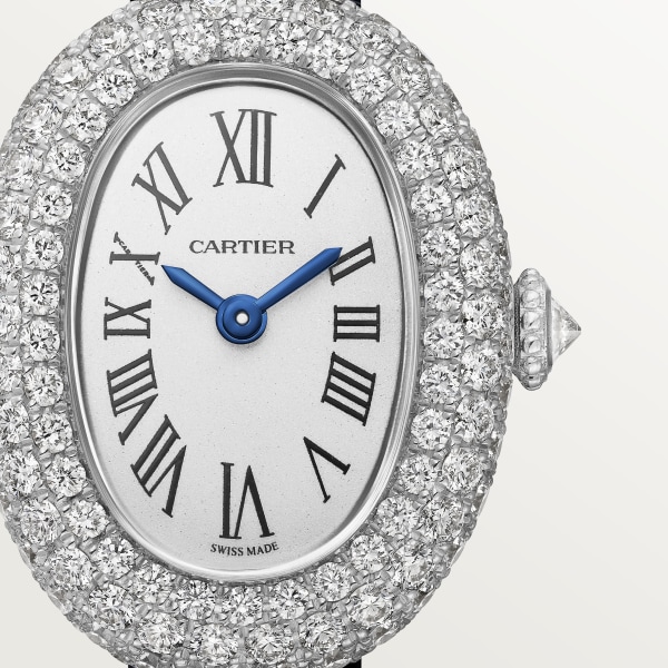 Baignoire watch Mini model, quartz movement, white gold, diamonds, leather