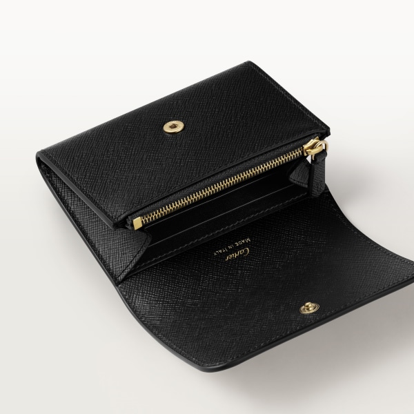 Mini wallet, C de Cartier Black textured calfskin, embroidery, golden finish