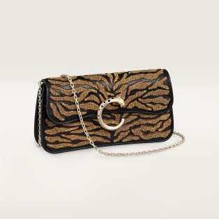 Mini model chain bag, Panthère C de Cartier Black calfskin and golden thread embroidery with tiger motif