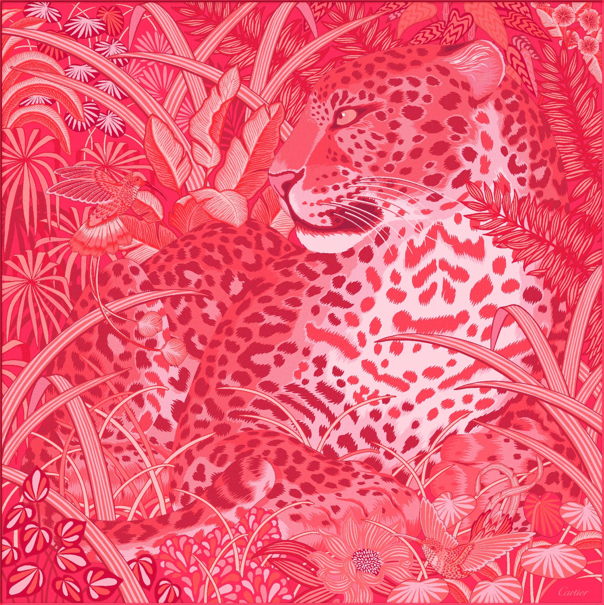 猎豹丛林90方巾珊瑚粉色斜纹真丝