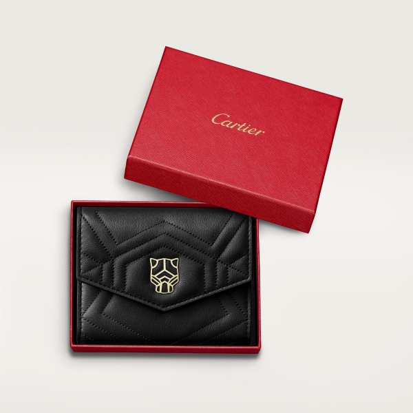 Panthère de Cartier卡地亚猎豹系列迷你款皮夹 黑色绗缝小牛皮，镀金饰面
