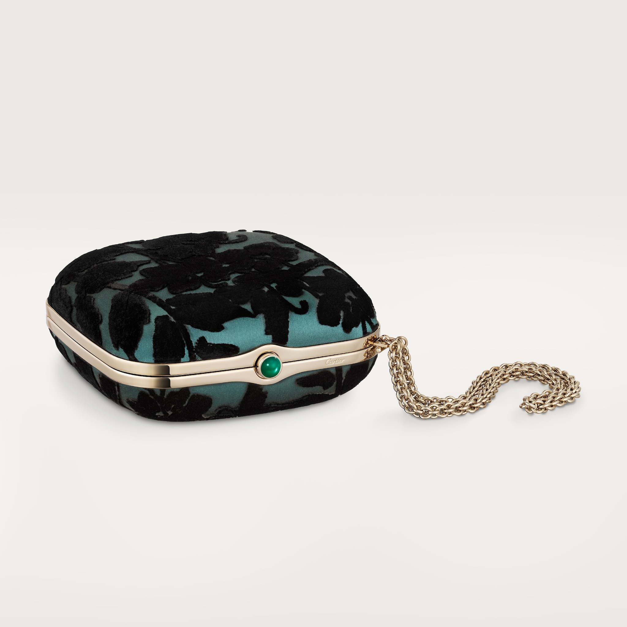 Square bag, Cartier SoirEmerald green silk satin with black velvet-effect floral motif, green onyx and golden finish