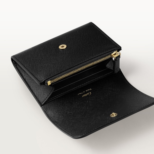 Mini wallet, C de Cartier Black textured calfskin, golden finish