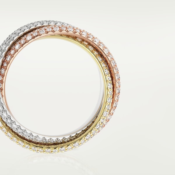 Trinity ring, classic model, paved White gold, yellow gold, rose gold, diamonds