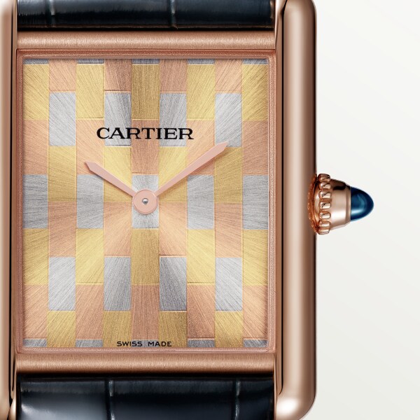 Tank Louis Cartier watch Large model, hand-wound mechanical movement, rose gold, leather