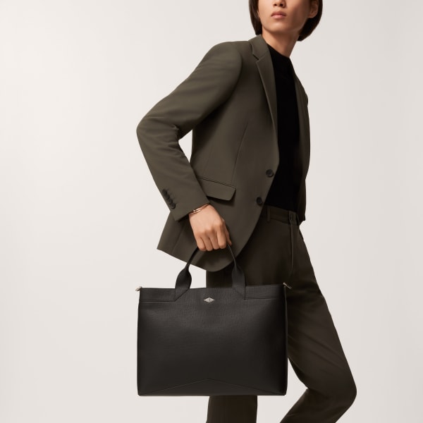 Slim document holder, Cartier Losange  Grained black calfskin, palladium finish and enamel