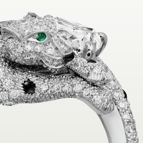 Panthère de Cartier ring, cushion-cut diamond, paved  White gold, emeralds, onyx, diamonds