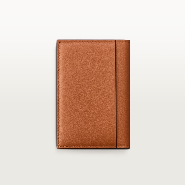 Four-credit card holder, Cartier Losange Caramel-coloured and burgundy calfskin with diamond dots print, palladium finish and burgundy enamel
