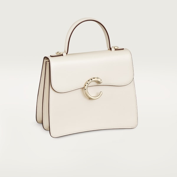 Small model handle bag, Panthère C de Cartier Salt white calfskin, golden finish
