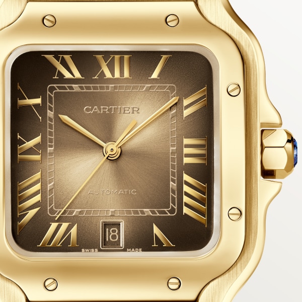Santos de Cartier腕表 大号表款，自动上链机械机芯，黄金，可替换式金属表链与皮革表带
