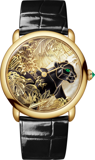Métiers d'Art jewellery watch 36 mm, manual movement, yellow gold, lacquer, mother-of-pearl, emeralds, diamonds, leather