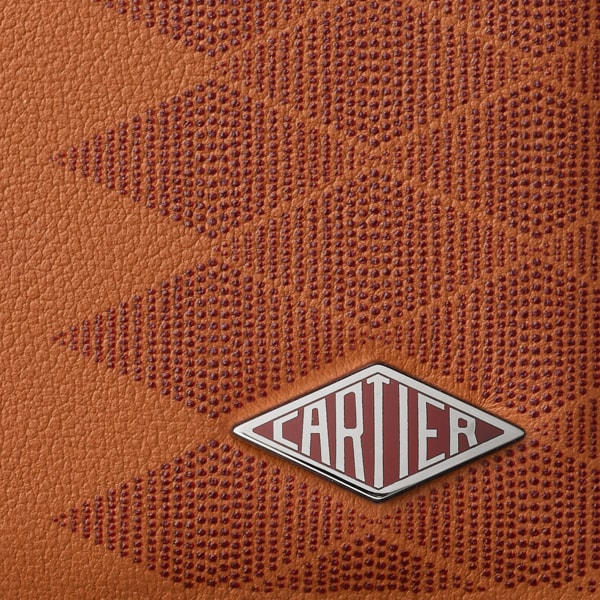 Four-credit card holder, Cartier Losange Caramel-coloured and burgundy calfskin with diamond dots print, palladium finish and burgundy enamel