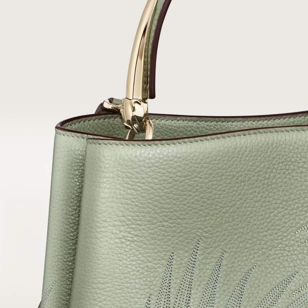 Small model handle bag, Panthère de Cartier Sage green calfskin and jungle embroidery, golden finish