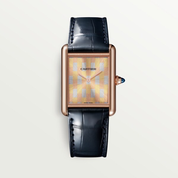 Tank Louis Cartier watch Large model, hand-wound mechanical movement, rose gold, leather