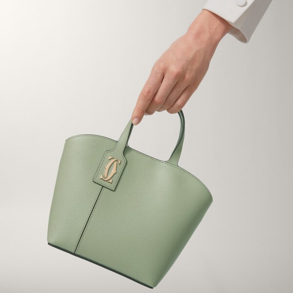 Mini tote bag, C de Cartier Sage green textured calfskin, embroidery, golden finish