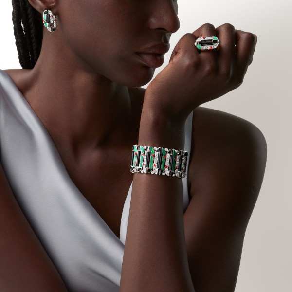 Géométrie & Contrastes ring, chrysoprase, paved White gold, chrysoprase, onyx, coral, diamonds