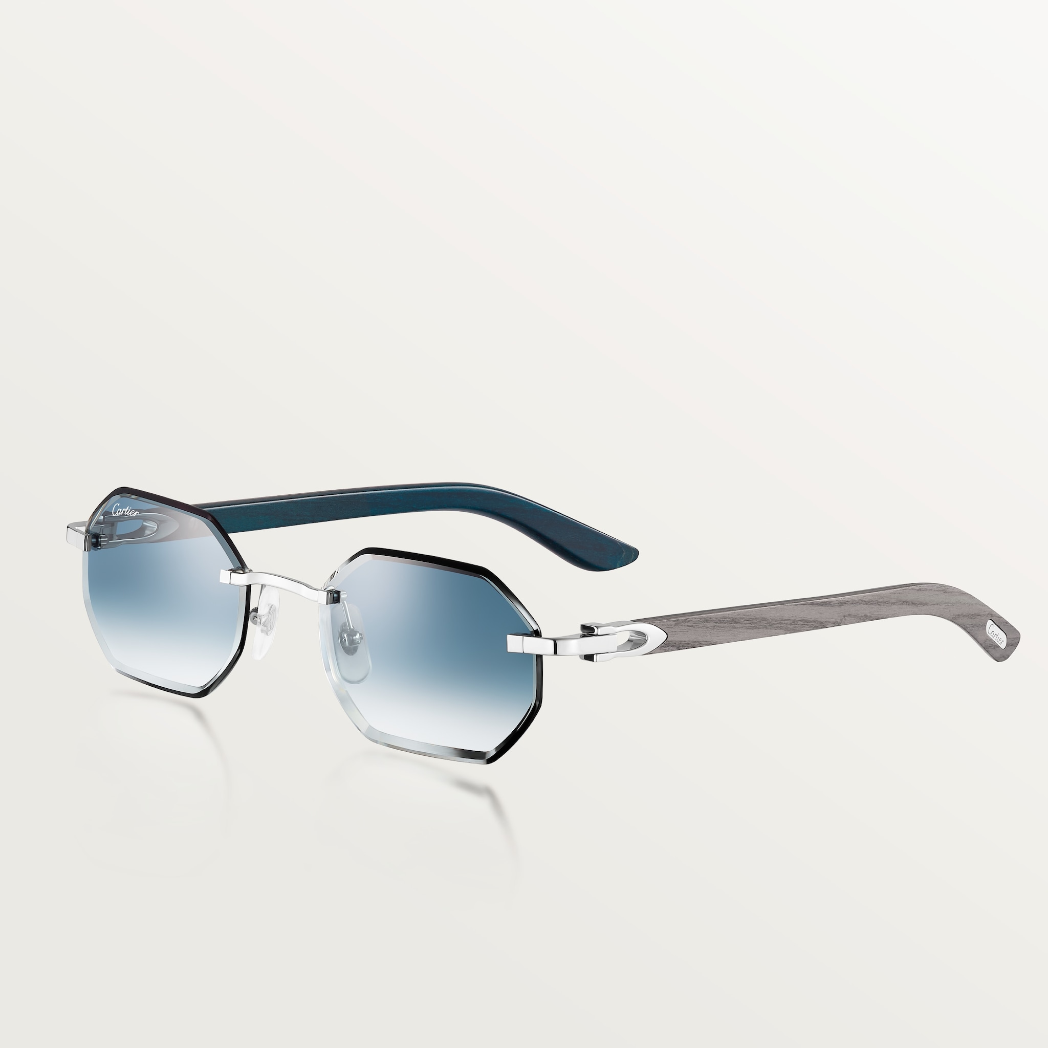 Sunglasses with Elongated C de Cartier motifSmooth platinum-finish metal, grey and blue wood, blue gradient lenses
