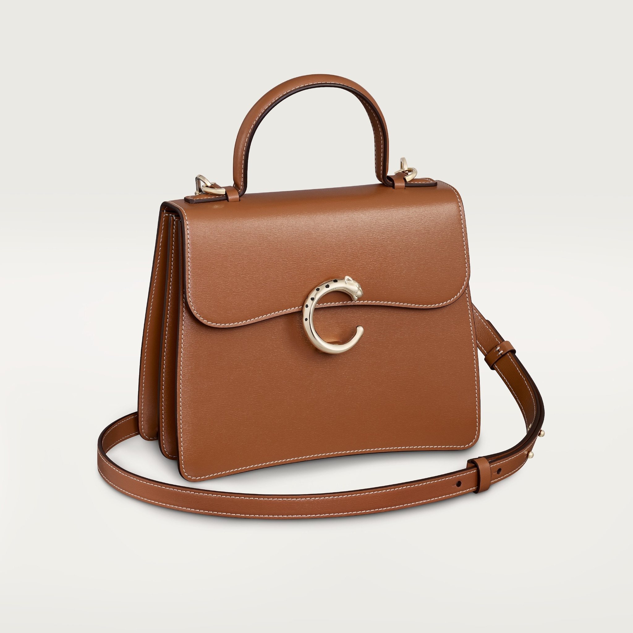 Top handle bag small model, Panthère de CartierCaramel calfskin, golden finish