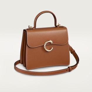 Top handle bag small model, Panthère de Cartier Caramel calfskin, golden finish