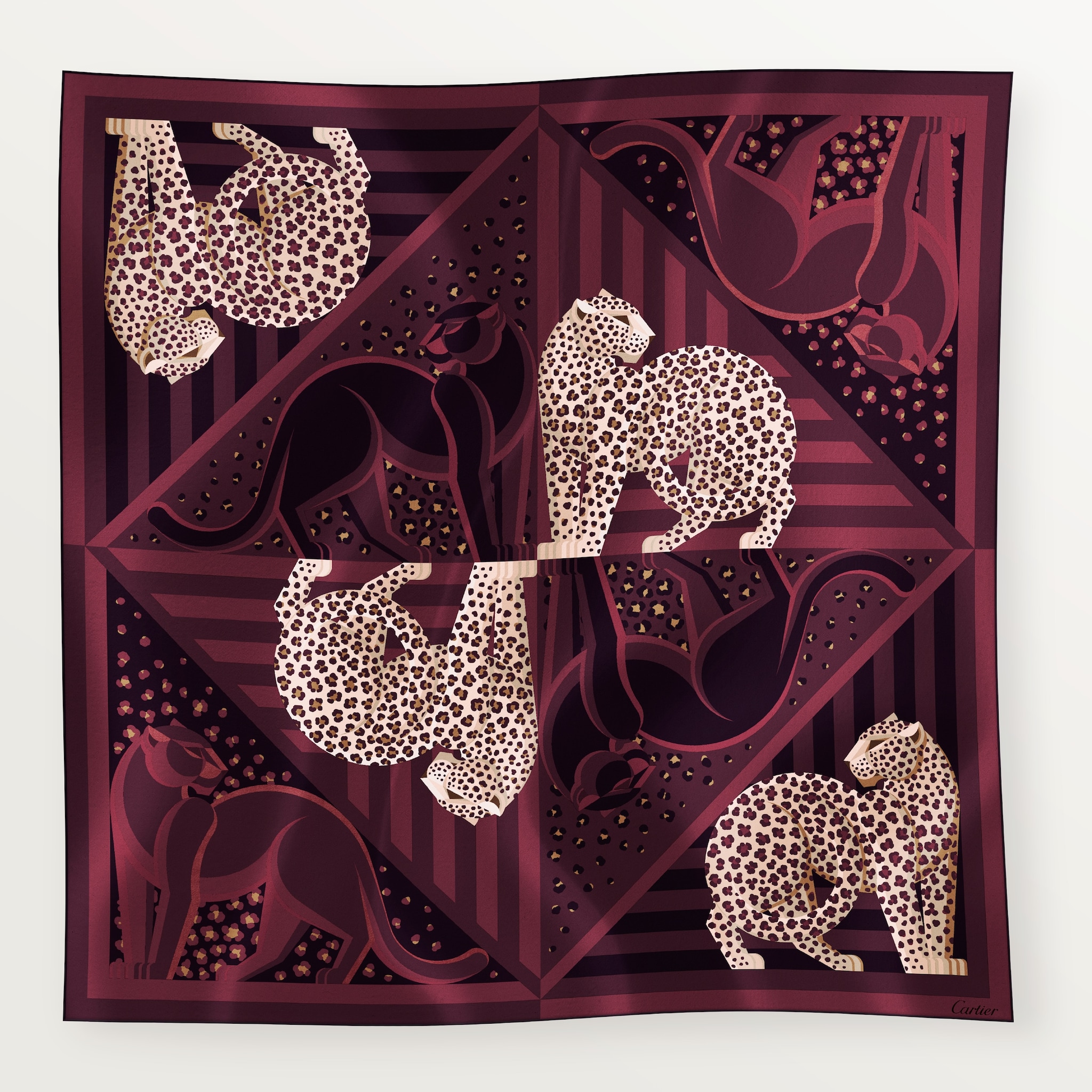 90 scarf, Panthère IllusionGrape & beige silk twill