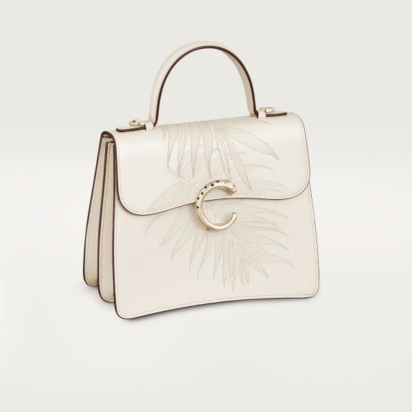 Small model handle bag, Panthère C de Cartier Salt white grained calfskin with jungle embroidery, golden finish