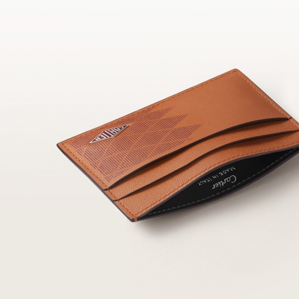Double card holder, Cartier Losange Caramel-coloured and burgundy calfskin with diamond dots print, palladium finish and burgundy enamel