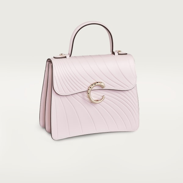 Top handle bag small model, Panthère de Cartier Petal pink calfskin, embossed Cartier signature motif, golden finish