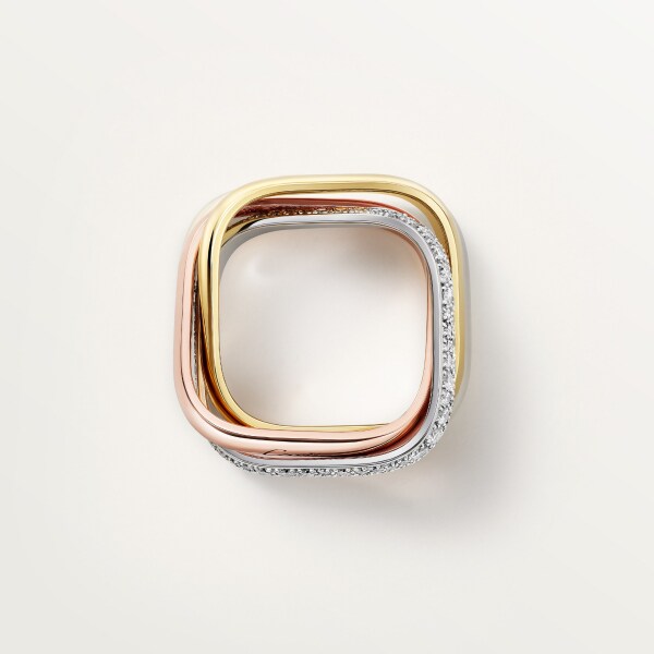 Trinity cushion ring, classic model, paved White gold, yellow gold, rose gold, diamonds