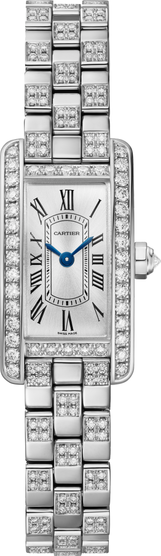 Tank Américaine watch Mini model, quartz movement - high autonomy, white gold, diamonds